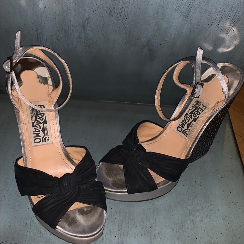 Salvatore Ferragamo silver and black wedges